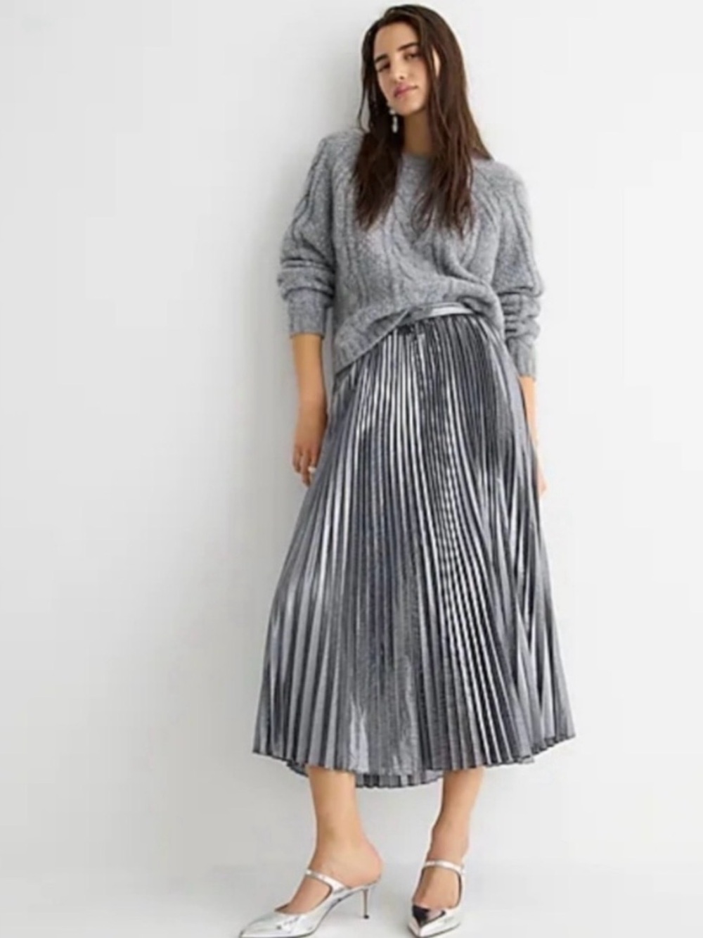 J. Crew Metallic Silver Pleated Midi Skirt